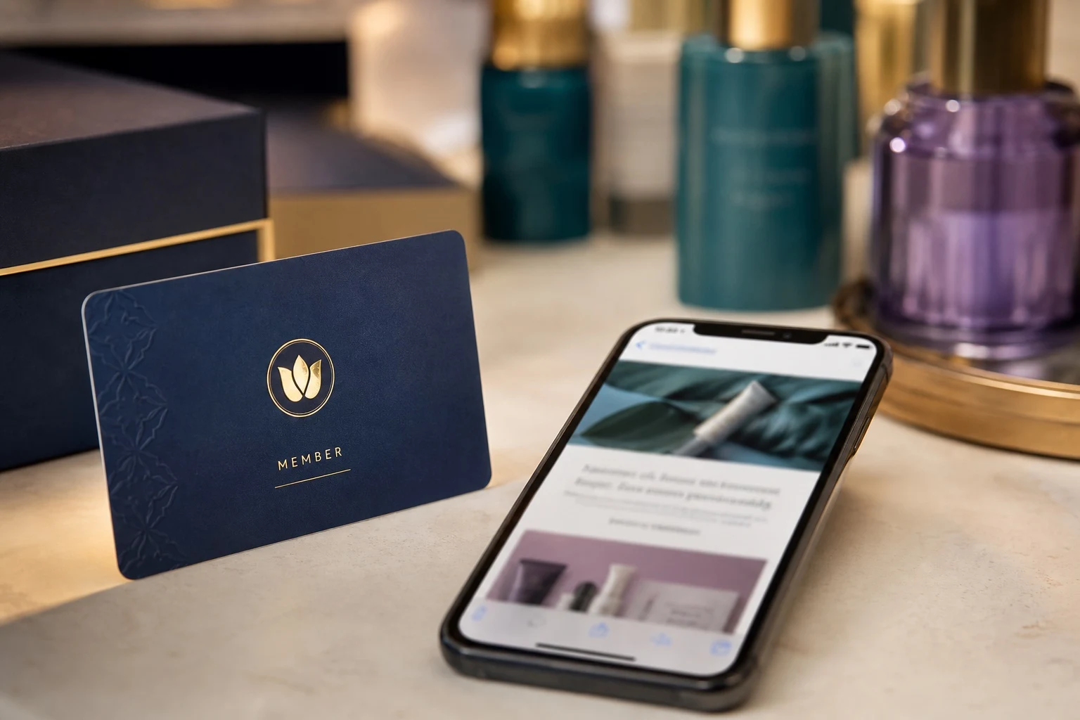Loyalty membership card beside a phone showing a member email offer on a boutique counter.