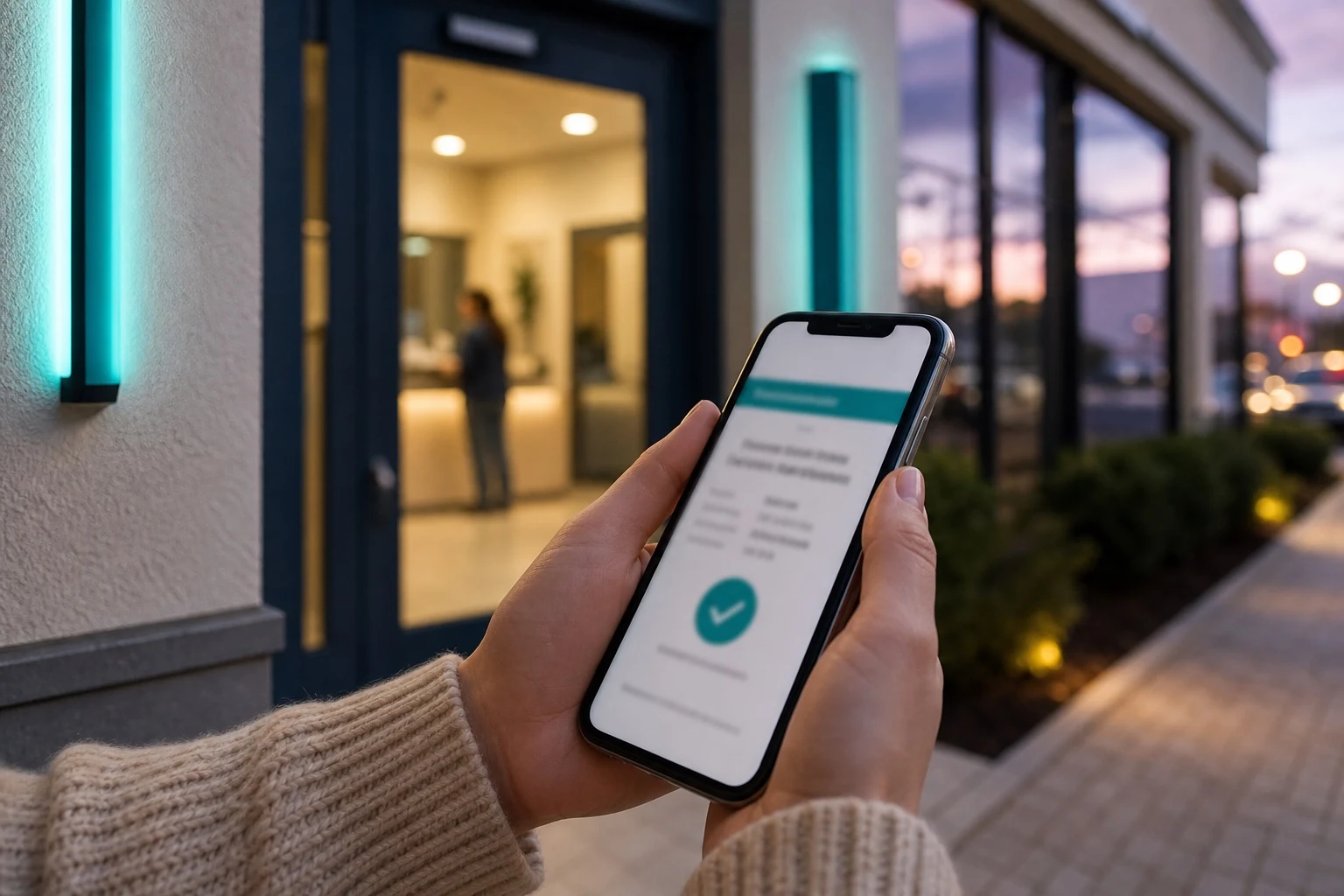 Hands holding a phone with an appointment confirmation outside a modern clinic entrance.