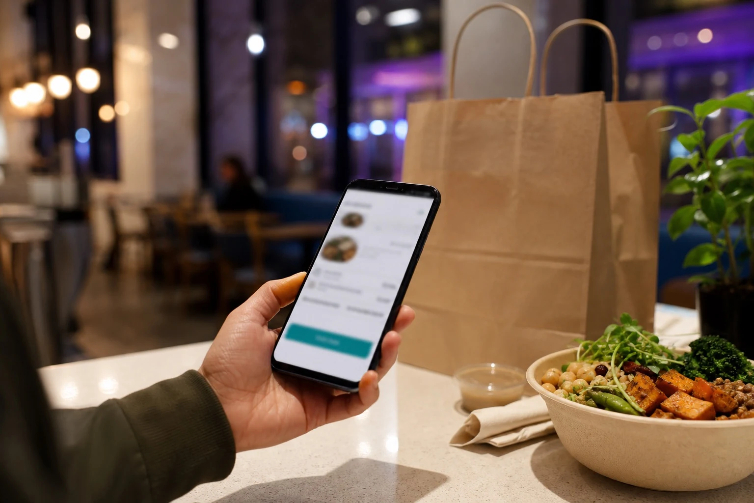 Phone checkout beside a plant-based takeout order on a cream restaurant counter.