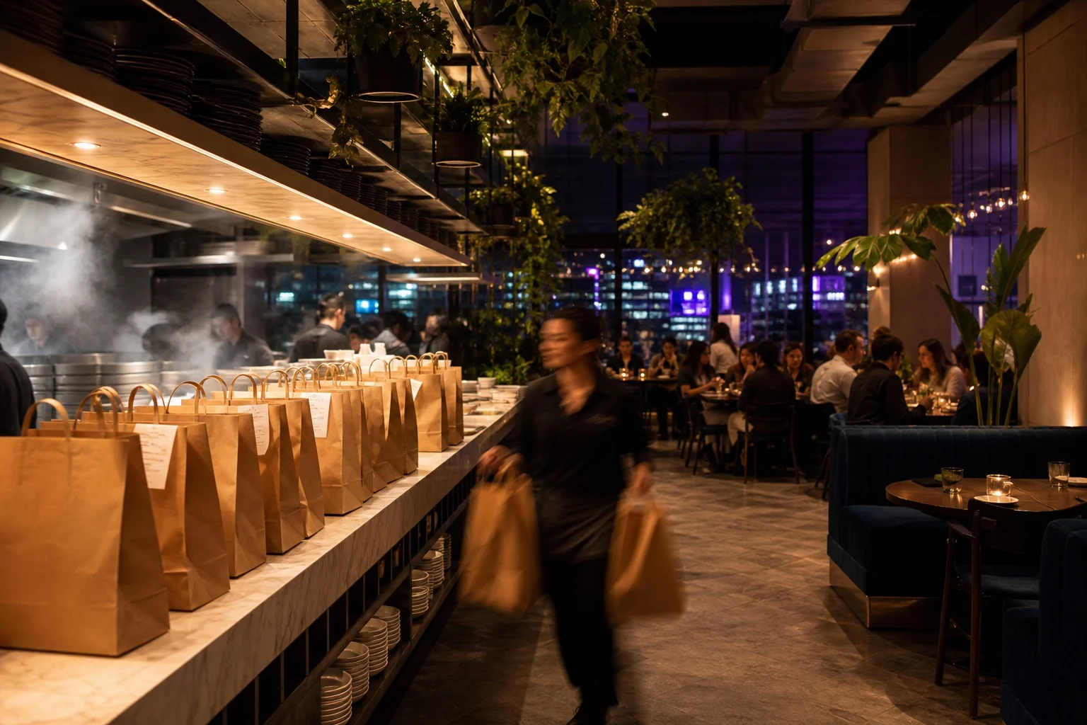Busy restaurant kitchen pass with lined-up takeout orders during peak service.